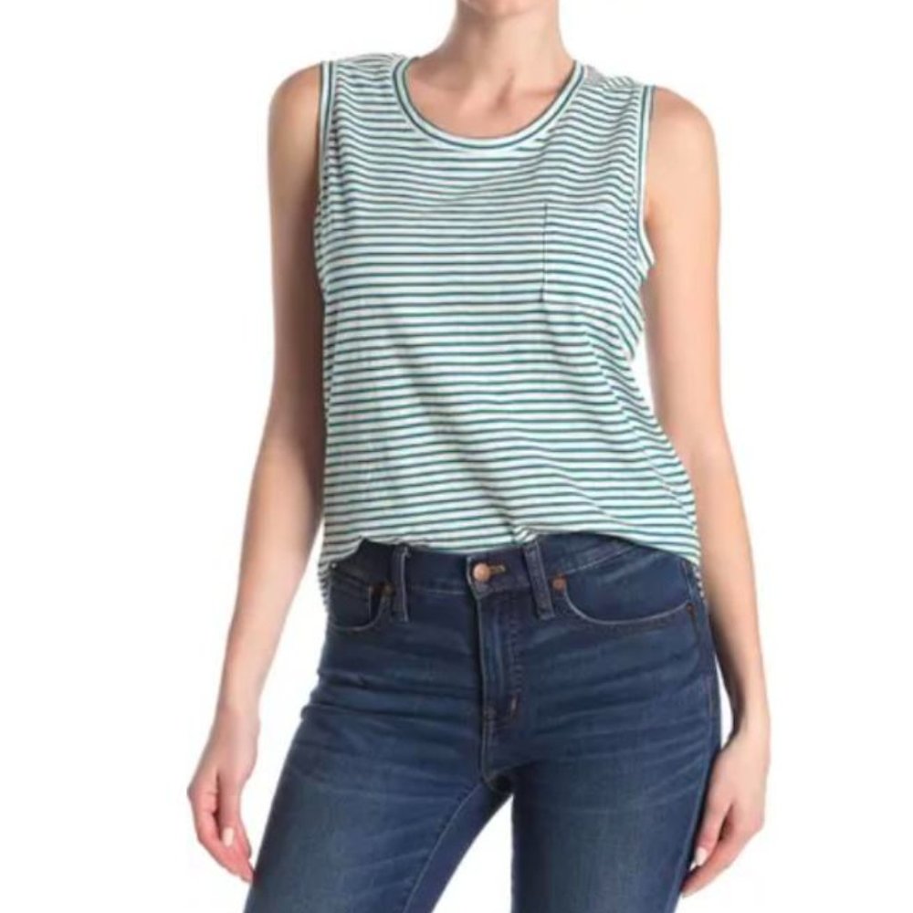 Madewell White and Green Striped Pocket Tank